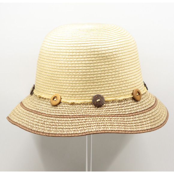 PLATANITOS Paper Straw Wide Brim Bucket Sun Hat Coconut Shell Buttons Beach O/S - Picture 1 of 6